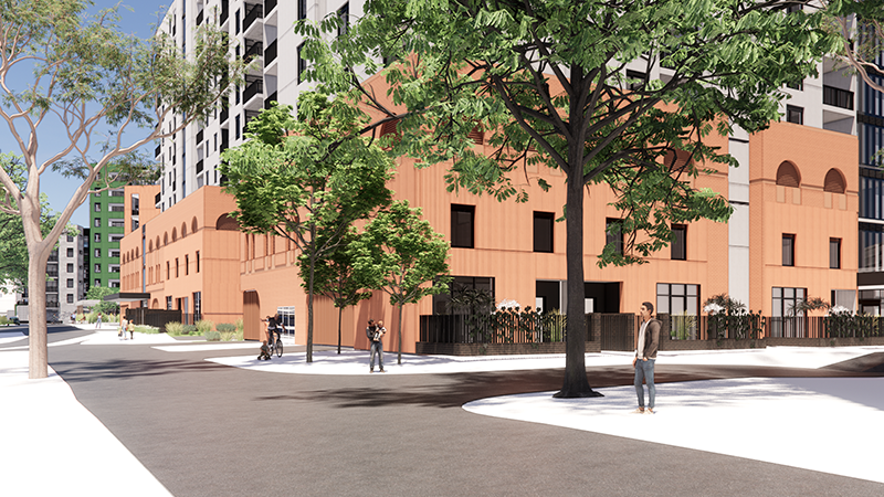 Image of artist render of Holland Court, Flemington new apartments - a residential apartment tower in front of a road with trees, People around and a person cycling