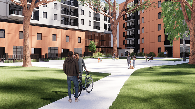 	• Image of artist render of Holland Court, Flemington new apartments - a residential apartment tower in front of a road with trees, People around and a person cycling