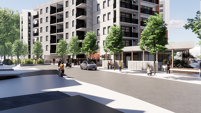  Image of artist render of Holland Court, Flemington new apartments - a residential apartment tower in front of a road with cars around, trees, People shopping around 