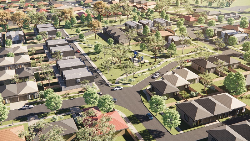 Render Artists impression of Waminda Park, with top view of houses with cars on road, surrounded with beautiful landscape