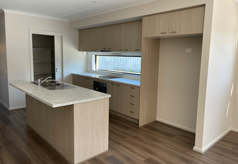 Image of modular kitchen with pantry, electrical gas, sink and place for refrigerator