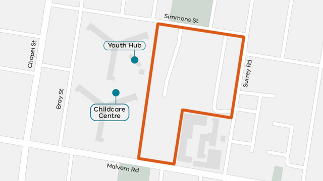 Map showing the Simmons Street redevelopment site at Horace Petty.