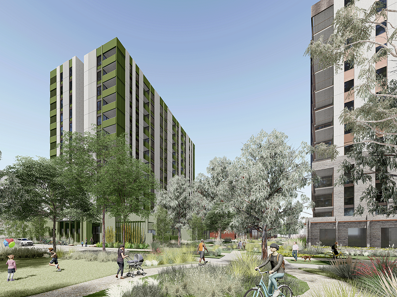 Render of Essex Street, Prahran - tall building with good pathway inside for people to walk, ride bike and open space surrounded by trees for kids to play