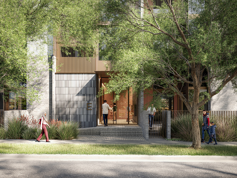 Render of Essex Street, Prahran - building with beautiful entrance and trees surrounded