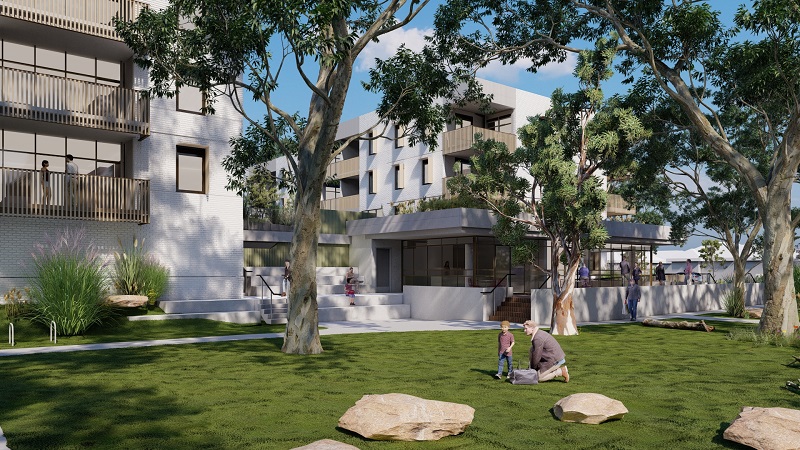 artist render of apartment building with local community around