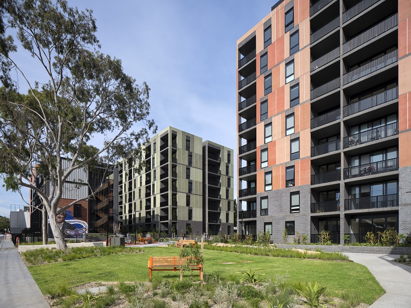 Image of Bangs Street, Prahran building with beautiful landscape, walking pathway and bench to sit