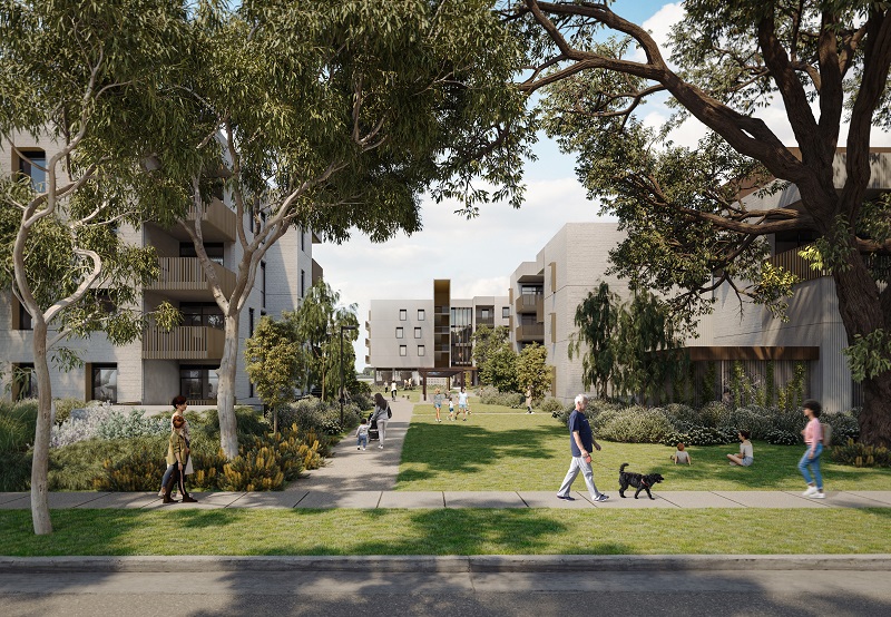 artist render of a new residential apartment with trees and a people around