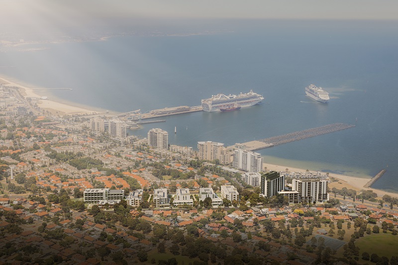 Dron image of port Melbourne project of 408 homes surrounded by nature and water