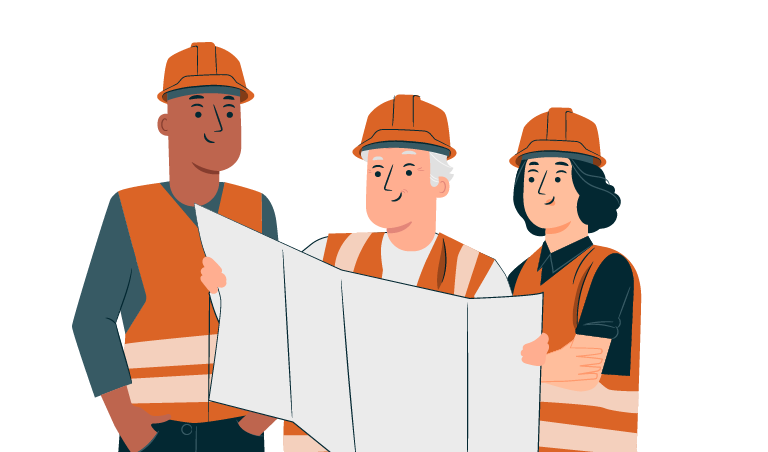 Artist's rendering of people wearing PPE looking at a plan