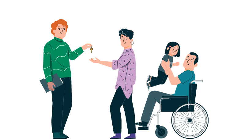 Drawing of 4 people, 1 person is handing a key to a second person. Third person is in a wheelchair and is lifting a child up