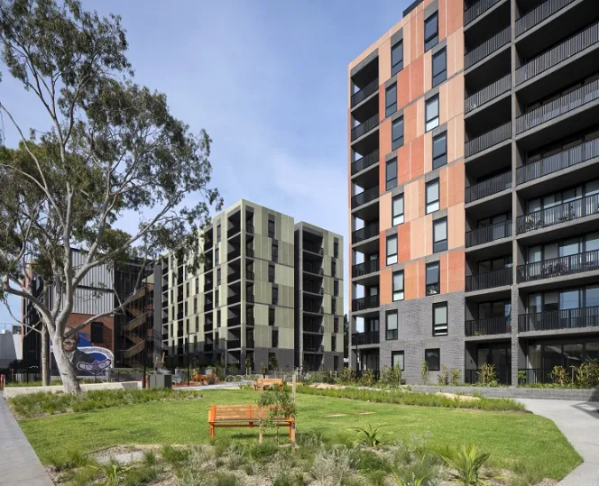 Image of Bangs Street, Prahran building with beautiful landscape, walking pathway and bench to sit