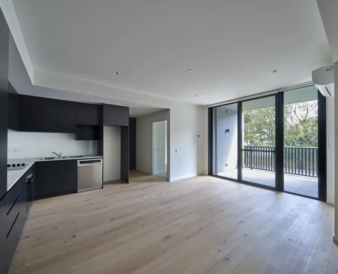 Image of indoor area with modern kitchen, meal and family area