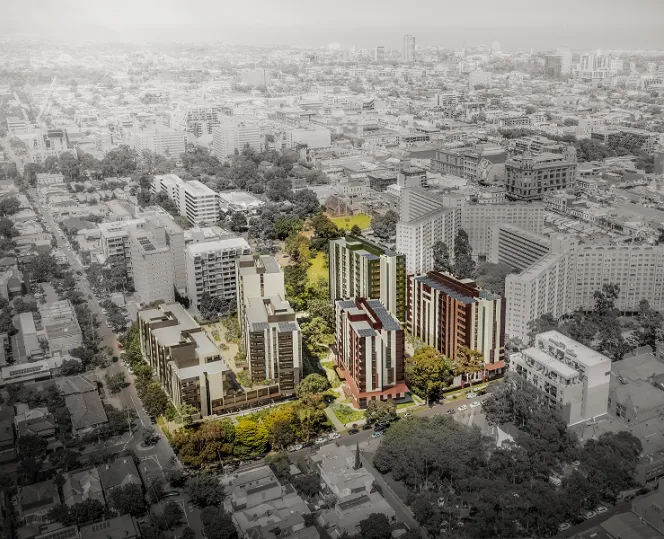 Render of Essex Street, Prahran - tall buildings surrounded by trees