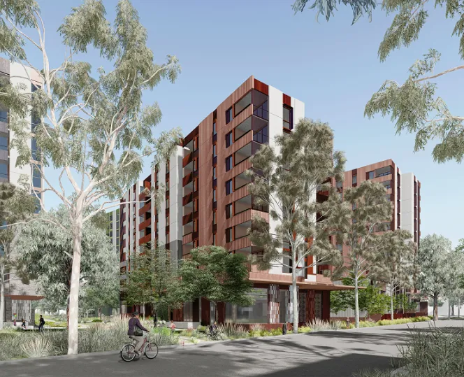 Render of Essex Street, Prahran - tall building with good roads for people surrounded by trees