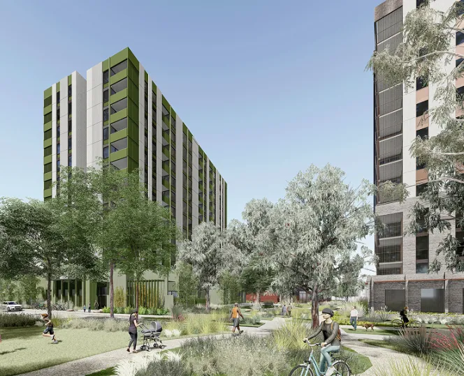 Render of Essex Street, Prahran - tall building with good pathway inside for people to walk, ride bike and open space surrounded by trees for kids to play