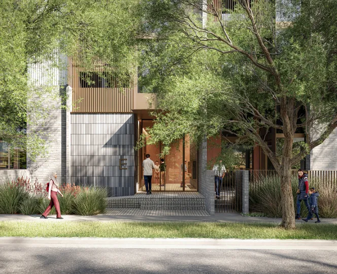 Render of Essex Street, Prahran - building with beautiful entrance and trees surrounded