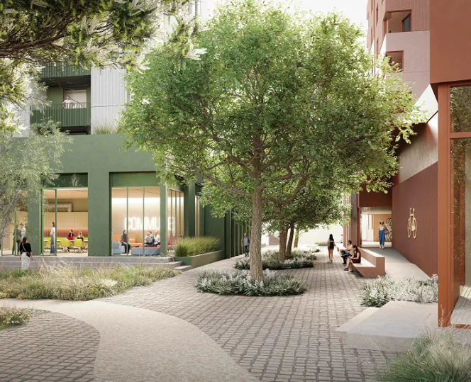 Render of Essex Street, Prahran - building with beautiful entrance, community space with green trees surrounded