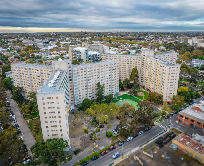 Aerial picture of social housing towers in South Yarra