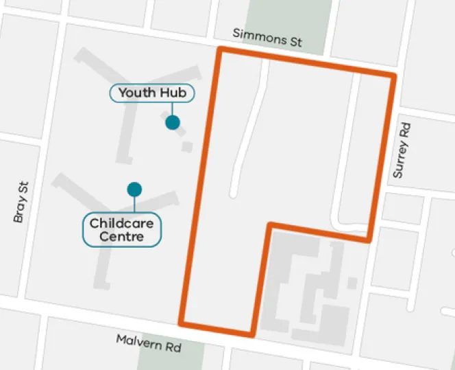 Map showing the location of the Simmons Street site between Simmons Street, Surrey Road and Malvern Road. The existing towers with the childcare centre and the Youth Hub are next to the site.