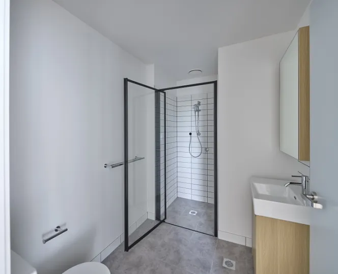 Modern bathroom with vanity, sink, walk-in shower and toilet