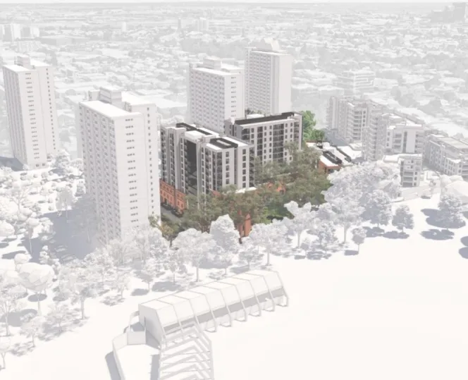 An artist's impression of the Holland Court development from an aerial view 