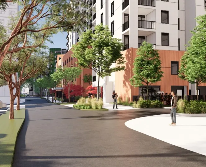 An artist’s impression of new homes from the existing carpark looking north-west towards the Holland Court development 