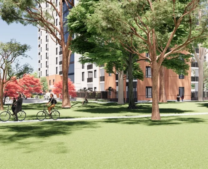 An artist's impression from Debney’s Park looking towards the new homes at Holland Court. 