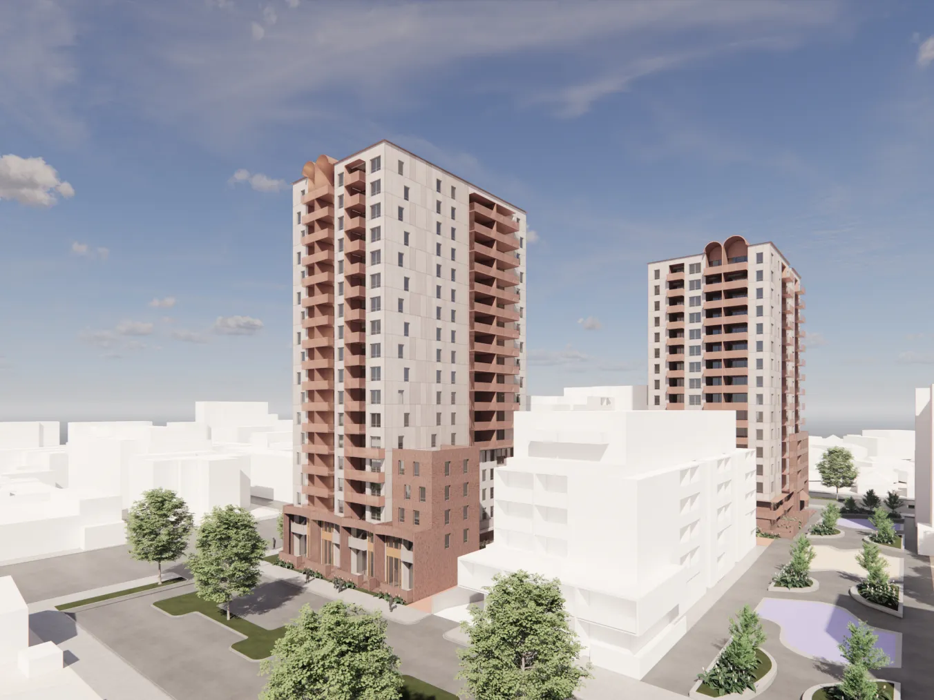 Artist impression with Building B on the left, facing Palmerston Street and Nicholson Street. Building A is on the right, facing onto Station Street and Elgin Street.